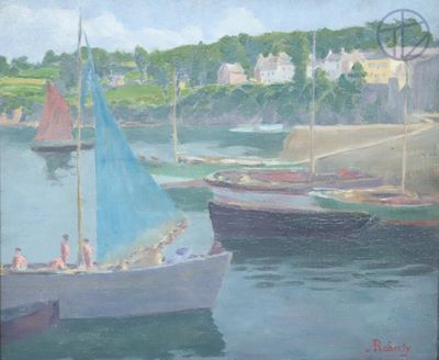 une peinture représentant un bateau dans l'eau avec des personnes à bord