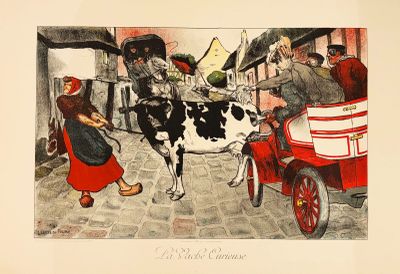 un dessin représentant une vache tirant une calèche