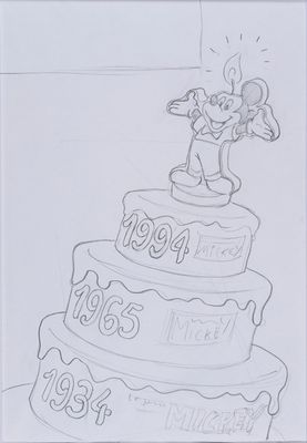 cartoon drawing of a birthday cake with an angel on top