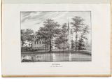 a black and white drawing of a river with trees in the foreground