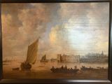 an oil painting of boats on a river with a castle in the background