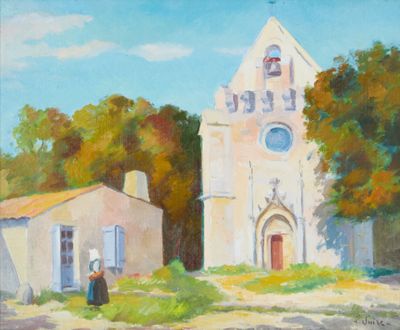 tableau représentant une église devant laquelle se tient une femme