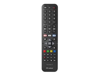 un gros plan d'une télécommande sur fond blanc