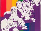 an image of a group of children sitting on top of a rainbow colored background