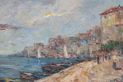 a painting of people walking on the beach near the water