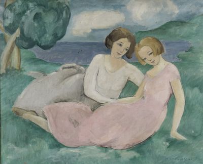 painting of two women sitting on the grass in front of a lake