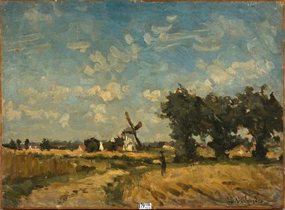 Huile sur toile "Paysage au moulin".