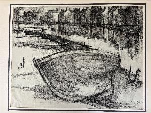 dessin représentant un bateau dans un port, avec des personnes marchant sur le rivage