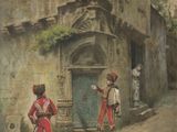 a painting of two men in uniform standing outside of a building