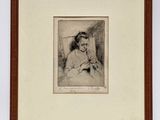 a black and white drawing of a woman sitting in a chair