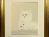 tableau représentant un chat blanc aux yeux bleus, dans un cadre doré