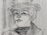 pencil drawing of a woman with a hat and tie smoking a cigarette