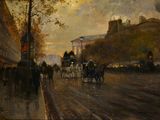 peinture représentant une scène de rue avec une calèche sur la route