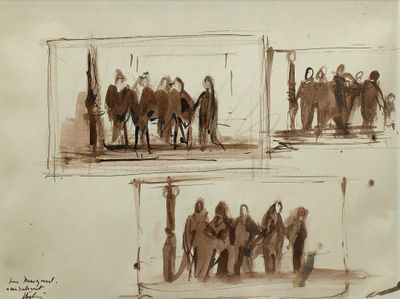 dessin représentant un groupe de personnes debout devant une fenêtre