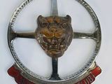 un insigne en métal orné d'une tête de lion