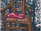 une image représentant une peinture d'une chaise en bois sur laquelle est posé un coussin rouge
