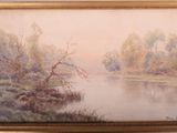 une peinture représentant une rivière, avec des arbres et de l'eau en arrière-plan