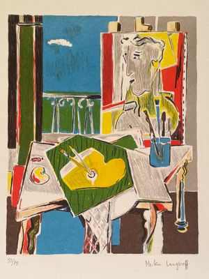 dessin représentant un tableau où l'on voit un homme assis à une table avec un verre de vin