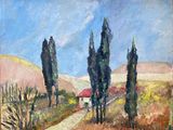 une peinture à l'huile représentant une route de campagne bordée d'arbres et d'une maison