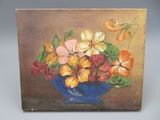 peinture représentant des fleurs dans un vase bleu sur fond marron