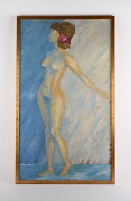 painting of a nude woman with a pink flower in her hair