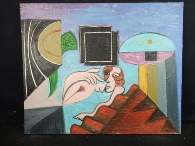 un tableau représentant une femme assise sur un toit