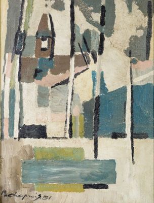 une image d'une peinture représentant une maison et des arbres dans un champ