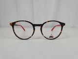 the glasses are made out of tortoises and have red rims