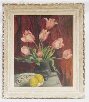 a painting of pink flowers in a vase with a lemon on a table