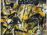 une peinture abstraite réalisée à la peinture noire et jaune sur fond blanc