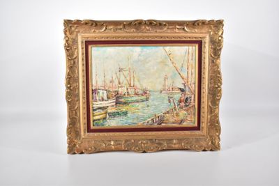 une peinture à l'huile représentant une scène de port avec des bateaux sur l'eau