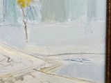 an image of a painting of a street scene with a yellow umbrella