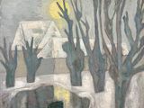 un tableau représentant une maison sous la neige, avec des arbres au premier plan