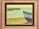 tableau représentant un bateau sur la plage, avec une jetée en arrière-plan