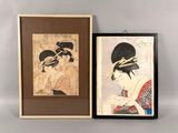 two framed japanese prints of a woman and a geisha