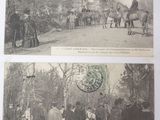two old postcards of people and horses in a wooded area