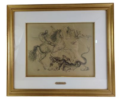 an image of a drawing of a man riding a horse with a dog