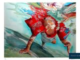 un tableau représentant un homme sur une planche de surf dans l'eau