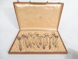 six silver spoons in a case on a white surface