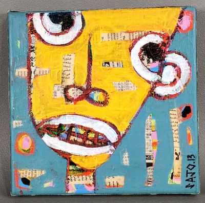 a painting of a yellow face on a blue background