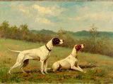 tableau représentant deux chiens dans un champ, avec des arbres en arrière-plan