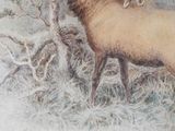 a picture of a painting of a deer in the snow