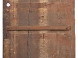 an old wooden door with a metal latch on a white background