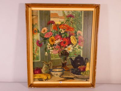 a painting of flowers in a vase on a table