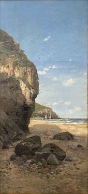 une peinture représentant une plage rocheuse avec des rochers sur le rivage