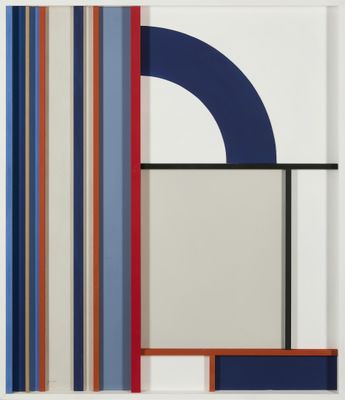 une peinture abstraite représentant un cercle bleu, rouge et blanc sur fond blanc