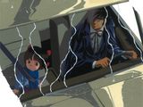 illustration of a man and a woman in a car looking out of a window