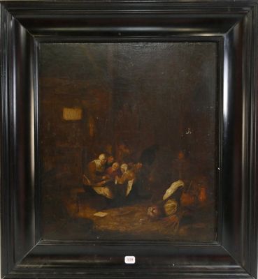 une peinture à l'huile représentant un groupe de personnes jouant de la musique dans une grange