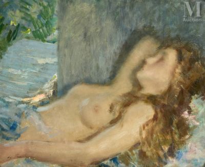 a painting of a nude woman laying on a bed