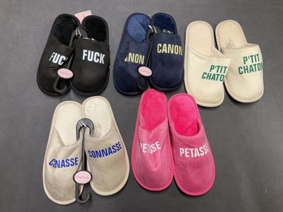 four pairs of slippers with the words ' please, please, please, please, please, please, please, please, please, please, please, please